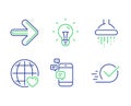 Idea, International love and Communication icons set. Shower, Next and Checkbox signs. Vector