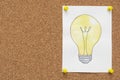 Idea, invention concept. Light bulb hand drawn on paper pinned to cork board with copy space Royalty Free Stock Photo