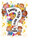 Idea for a kids cover with riddles and puzzles. A group of children hold up a large question mark Royalty Free Stock Photo