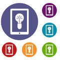 Idea lamp on gadget screen icons set Royalty Free Stock Photo