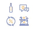 Idea lamp, Loan percent and Wine icons set. Airplane travel sign. Business energy, Change rate, Merlot bottle. Vector