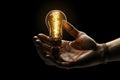 Idea light bulb in human hand on dark background. 3d rendering, Robot hand holding glowing light bulb on Black background. Mixed Royalty Free Stock Photo