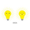 Idea light bulb icon set with happy smiling face. Shining line round effect. Cute cartoon character. Yellow color switch on. Busin