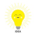 Idea light bulb icon with smiling happy face. Shining line round effect. Cute cartoon character. Yellow color switch on. Business