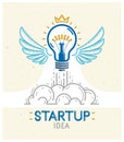 Idea light bulb with wings launching like a rocket vector linear logo or icon, creative idea startup, science invention or