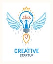 Idea light bulb with wings launching like a rocket vector linear logo or icon, creative idea startup, science invention or