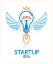 Idea light bulb with wings launching like a rocket vector linear logo or icon, creative idea startup, science invention or