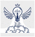 Idea light bulb with wings launching like a rocket vector linear logo or icon, creative idea startup, science invention or