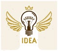 Idea light bulb with wings launching like a rocket vector linear logo or icon, creative idea startup, science invention or