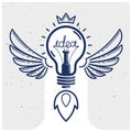 Idea light bulb with wings launching like a rocket vector linear logo or icon, creative idea startup, science invention or