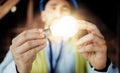 Idea, light and man engineer holding a lightbulb for vision, innovation and construction. Contractor, construction Royalty Free Stock Photo