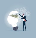 Idea make money. Businessman opening a lightbulb full of money - Business concept vector