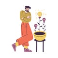 Idea with Man at Pot with Growing Yellow Light Bulb Waiting for Solution Vector Illustration