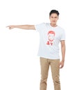 Idea, mockup and pointing with portrait of asian man for question, product and deal choice. Target, solution and sales