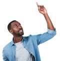 Idea, mockup and pointing with portrait of black man for question, product and deal choice. Gesture, promo and goal with