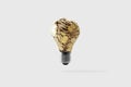 Idea money gold coins inside interior light bulb edison scattered on soft white background. Strategic concepts in investment.