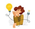 Idea needs resources to be realized embodied in life, vector illustration of a young man with a light bulb and plug for electrify Royalty Free Stock Photo