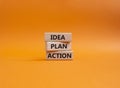 Idea Plan Action symbol. Wooden blocks with words Idea Plan Action. Beautiful orange background. Business and Idea Plan Action Royalty Free Stock Photo