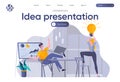 Idea presentation landing page with header. Startup founders discussing project, brainstorming and sharing ideas in office scene. Royalty Free Stock Photo