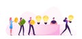 Idea Sale Concept. Businessman or Salesman Sitting at Desk with Glowing Huge Light Bulbs, Businesspeople Stand in Queue