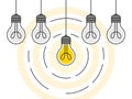 Idea. Set of hanging light bulbs with one glowing. Light bulb icons. Vector illustration Royalty Free Stock Photo