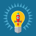 Idea and start-up concept illustration. Rocket in lightbulb - creative illustration in flat style design. Royalty Free Stock Photo