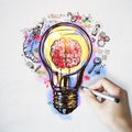 Idea and startup cocnept with hand writing sketch with human brain, rocket, battery and mathematical formulas inside light bulb Royalty Free Stock Photo