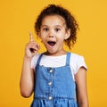 Idea, surprise and portrait of a girl pointing isolated on a yellow studio background with shock. Plan, knowledge and