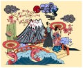 Idea for tattoo and coloring books.Japanese clouds and wave for tattoo design.Chinese clouds.