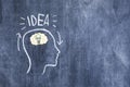 idea text brain drawn outline face blackboard. High quality photo