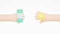 Idea trading for money concept. Closeup one hand holding a light bulb while the other hand offers money dollar bills. Royalty Free Stock Photo