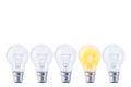 Idea or uniqueness, originality concept, Image of a row of electric bulb with one different from the others