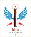 Idea is a weapon concept, weapon of a designer or artist allegory shown as a winged firearm cartridge case with pencil instead of