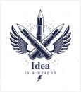 Idea is a weapon concept, weapon of a designer or artist allegory shown as a winged firearm cartridge cases with pencils instead