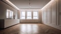 Idea of a white empty scandinavain room interior with dresser, vases on the wooden floor. Generative Ai Royalty Free Stock Photo