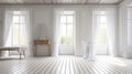 Idea of a white empty scandinavain room interior with vases on the wooden floor and large wall and white landscape in windows. Royalty Free Stock Photo