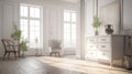 Idea of a white empty scandinavain room interior with vases on the wooden floor and large wall and white landscape in windows. Royalty Free Stock Photo