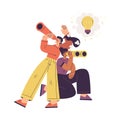 Idea with Woman Looking in Binoculars with Yellow Light Bulb Finding Solution Vector Illustration Royalty Free Stock Photo