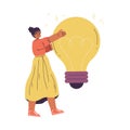 Idea with Woman with Yellow Light Bulb Finding Solution Vector Illustration