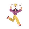 Idea with Woman with Yellow Light Bulb Jumping with Joy Vector Illustration