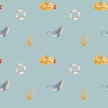 Nautical Play: Whimsical Yellow Submarines, Stylized Whale, Orange Coral & Lifebuoy Pattern Royalty Free Stock Photo