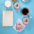 Ideal breakfast for the proper energy for the full day. Fresh coffee with milks and donuts . Hipster pictures. Top view Royalty Free Stock Photo