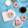 Ideal breakfast for the proper energy for the full day. Fresh coffee with milks and donuts . Hipster pictures. Top view Royalty Free Stock Photo