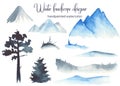 Watercolor set winter landscape with mountains, firs, spruce, hills