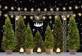 Custom christmas decoration beautiful structure with many pine trees, lights for studio photography