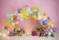 Romantic decoration personalized enchanted garden, with flowers, plants, lights for the first birthday