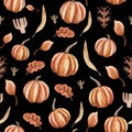 Autumn-themed watercolor seamless pattern consists of dried flowers, fallen leaves and ripe pumpkins.