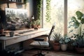 Ideal Home Office Setup: PC, Kojan Chair, Plants, Natural Light, High Resolution. AI Royalty Free Stock Photo