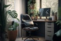 Ideal Home Office Setup: PC, Kojan Chair, Plants, Natural Light, High Resolution. AI Royalty Free Stock Photo