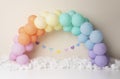 Romantic personalized decoration with colorful balloon arch, hearts, for first birthday